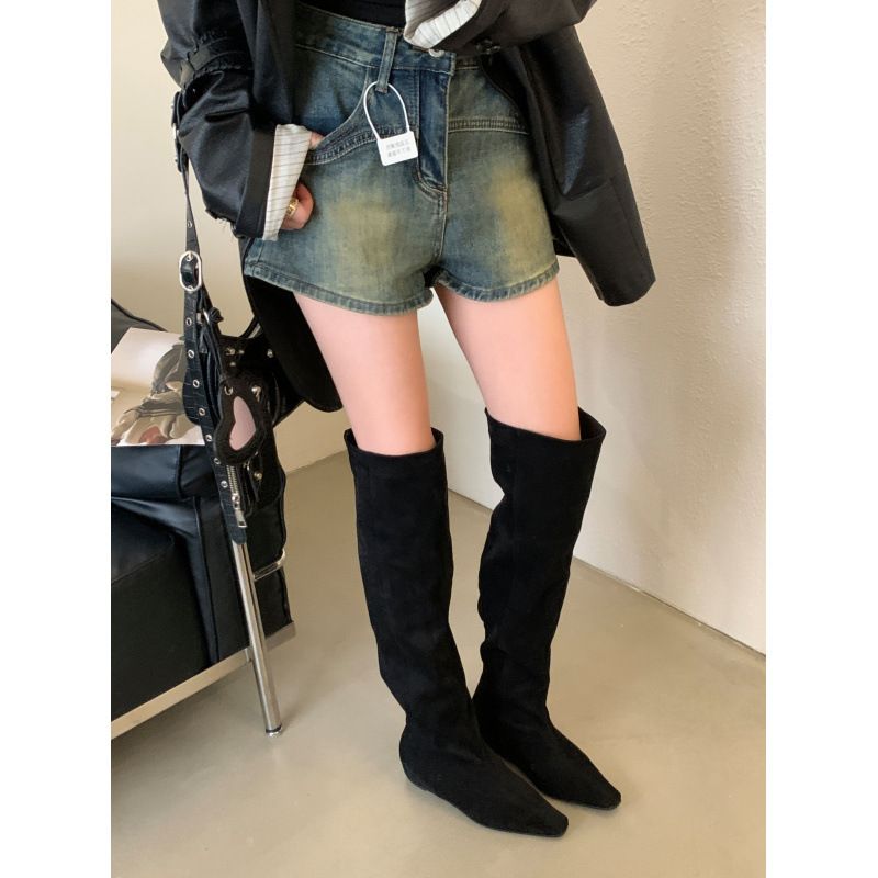 2025 Herbst/Winter Neue Kniehohe Stiefel mit quadratischer Zehenpartie Schmal geschnittene Overknee-Stiefel_voghion.com