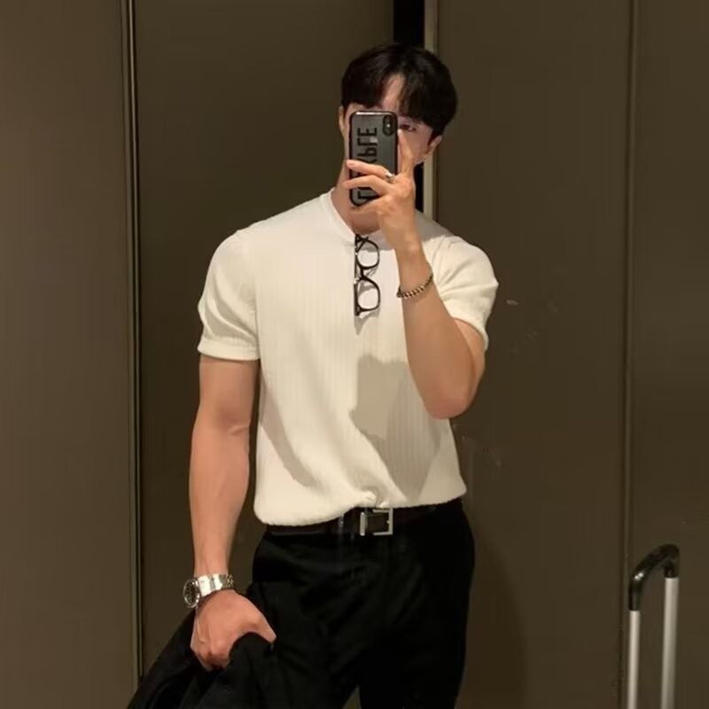 Knitted Short Sleeved T-shirt Men's Spring And Summer Round Neck Loose Top Solid Color Casual Men's Wear_voghion.com