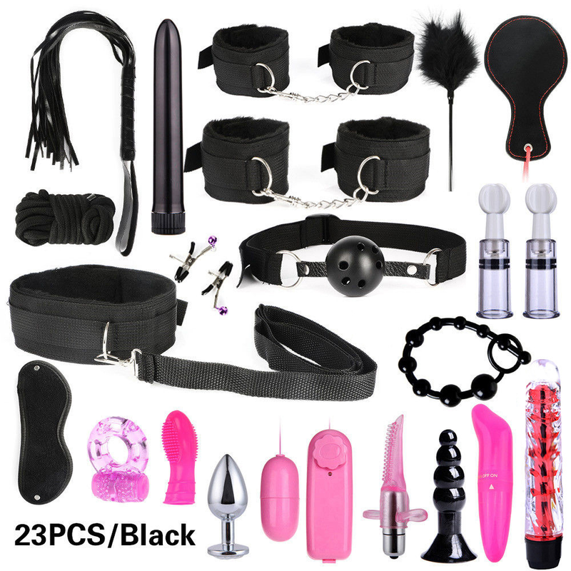 23 st set vuxen spel bondage fasthållning handbojor nippel klämma pisk krage erotisk leksak leksak kit för par_voghion.com