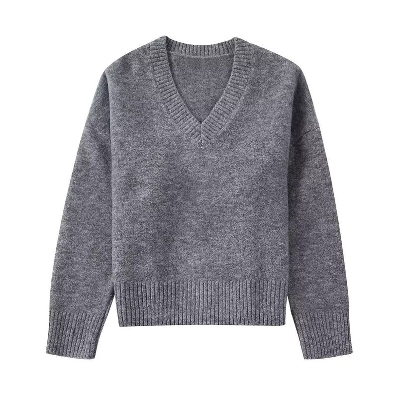 Maglieria maglione grigio morbido casual moda dal vivo con scollo a V da donna_voghion.com
