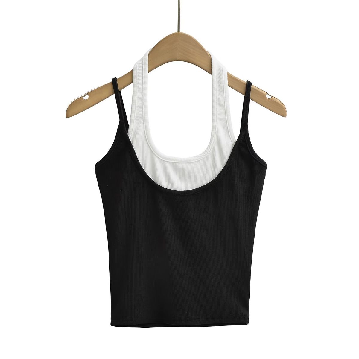 Canotta con scollo a V e design di nicchia color block, modello Spicy Girl, top corto e attillato sexy senza schienale_voghion.com