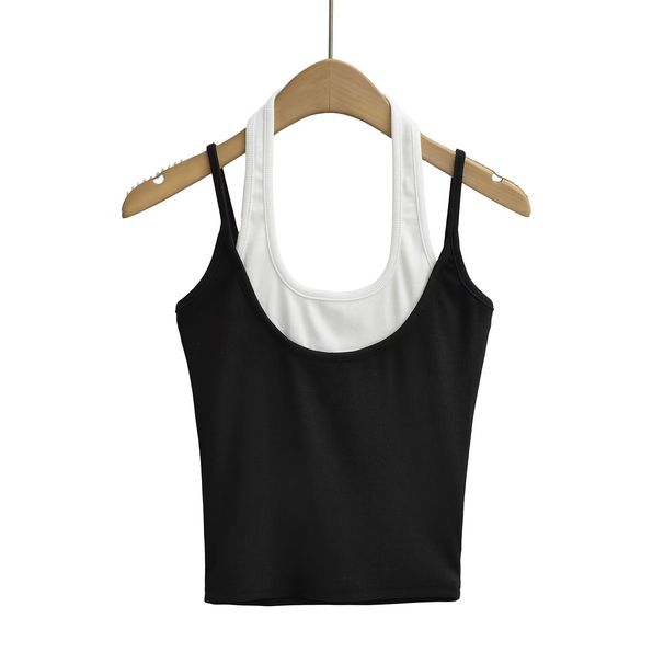 Canotta con scollo a V e design di nicchia color block, modello Spicy Girl, top corto e attillato sexy senza schienale_voghion.com