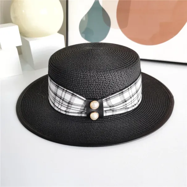 Cappello estivo in paglia da donna in stile designer Panama, con strisce di lettere, intrecciato a mano. Cappelli a secchiello in rafia di alta qualità. Cappello a tesa larga_voghion.com