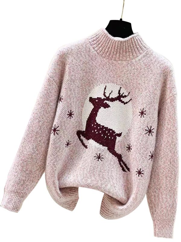 Weihnachtspullover für Damen, modischer Pullover mit halbgeschlossenem Kragen und langen Ärmeln, mit Rentier-Jacquard-Strickmuster_voghion.com