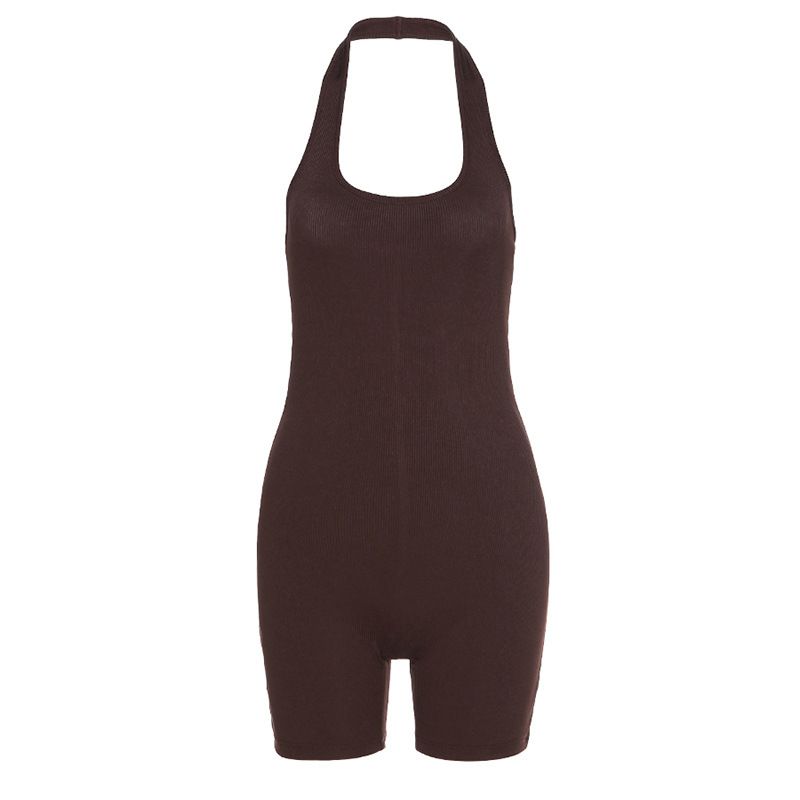 2024 New Style Spring Women's Solid Color Sexy Backless Hanging Neck Short Sports Jumpsuit_voghion.com