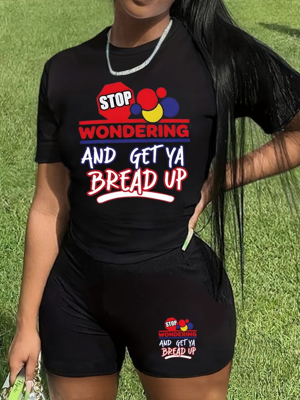 Abito da donna in due pezzi con stampa di lettere a cartoni animati a maniche corte_voghion.com