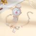 Girls' new watch set: simple and versatile patterned leather belt quartz watch + cute bunny beaded bracelet_voghion.com