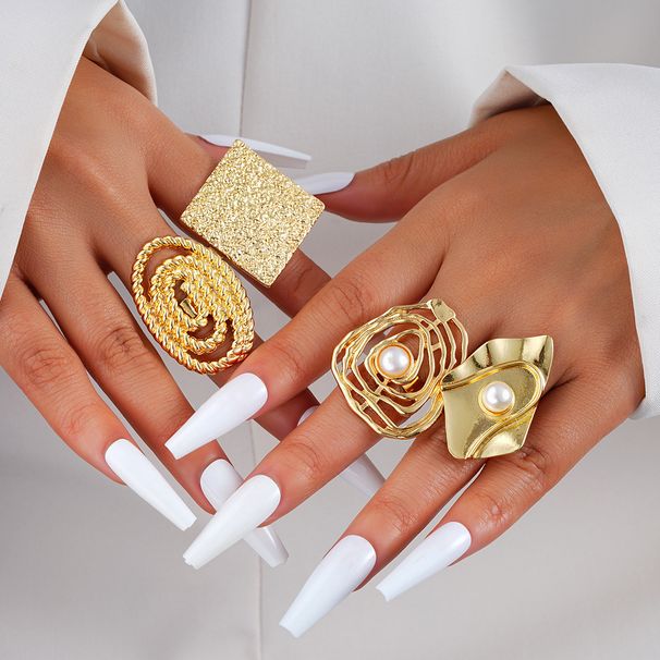 Ensemble de bagues brillantes à texture métallique unique, bagues géométriques exagérées haut de gamme_voghion.com