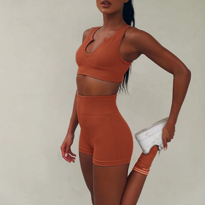 New Ins Style Knitted Sexy Women's Sports Short Sleeve Shorts Seamless Yoga Outfit Set_voghion.com