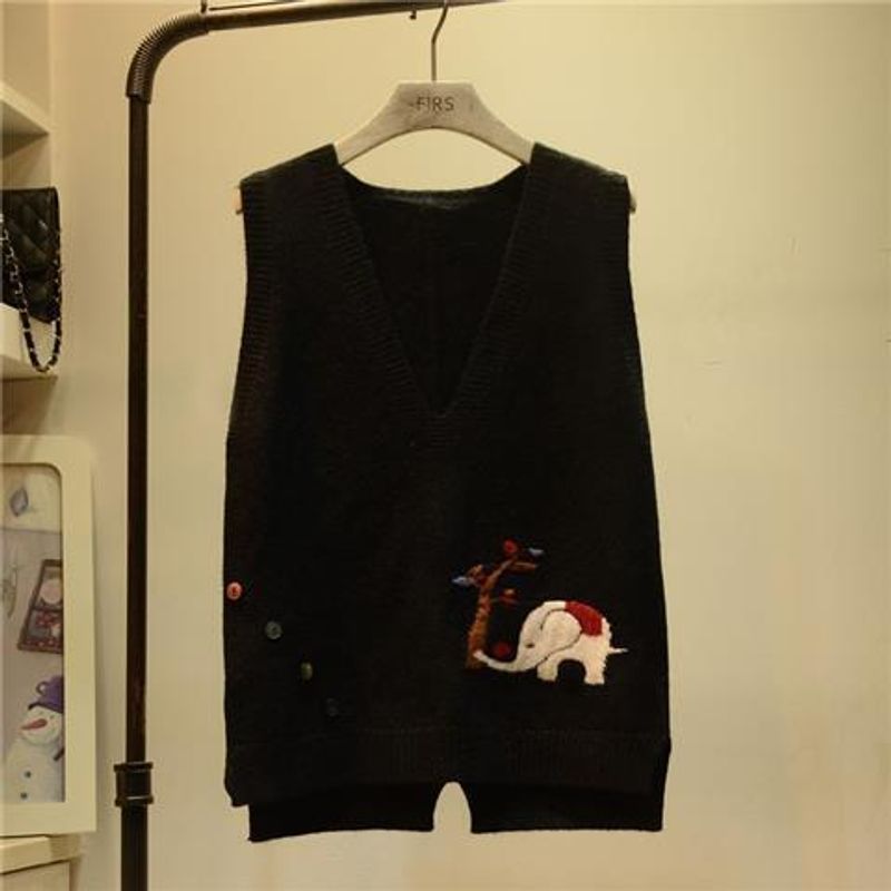 [Anchor Welfare] Maglia a maglia con scollo a V e fibbia a colori autunnali, pullover largo senza maniche, canotta esterna_voghion.com