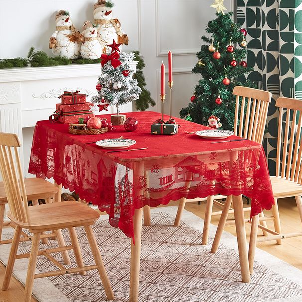 Tovaglia natalizia con bordo in pizzo - Decorazione natalizia rossa per tavoli rotondi e rettangolari (poliestere, lavabile, retro antiscivolo)_voghion.com