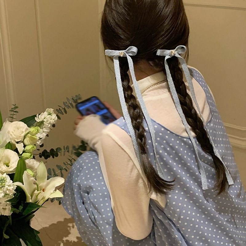 Mädchen Rosa blau bogen band haarnadel weibliche ballett stil geflochtene haar band schnabel haarnadel doppel pferdeschwanz haar krawatte kopfschmuck_voghion.com