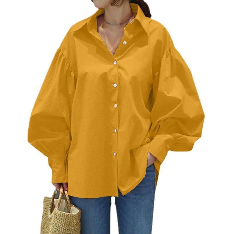 Dammekleedung Casual Hemden Casual Lantern Ärmelen Lapel Tops Retro Solid Faarf Tops Fraen Büro Dammen Hemden_voghion.com