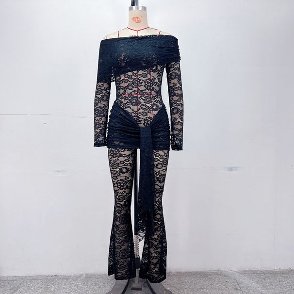 Σέξι λεπτή γυναικεία ολόσωμη φόρμα με μακριά μανίκια και έξω ώμους, στενή γραμμή με πιέτες, από δαντέλα και περούκες._voghion.com