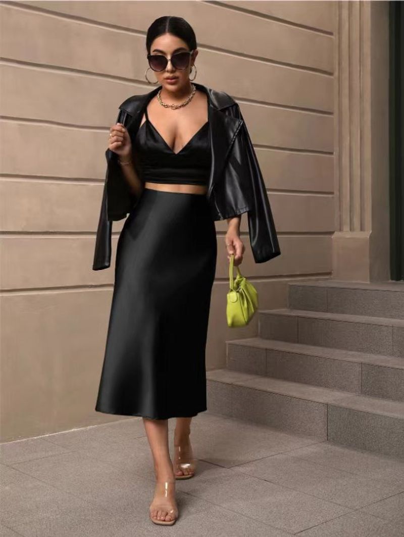 Women's Satin Slim Skirt Satin Solid Color Medium Length Hip Fishtail Skirt_voghion.com