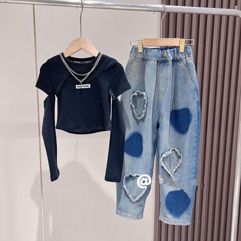 Ensemble de mode pour filles, haut pour enfants, haut à manches longues, jean, ensemble deux pièces, printemps_voghion.com