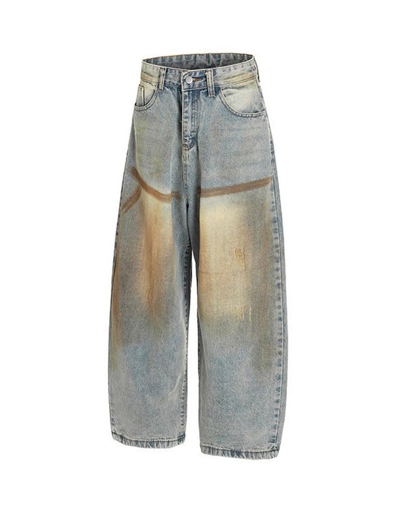 Jean baggy vintage américain vieilli pour hommes et femmes – Pantalon en denim coupe ample et droite avec délavage boue et coutures rétro_voghion.com