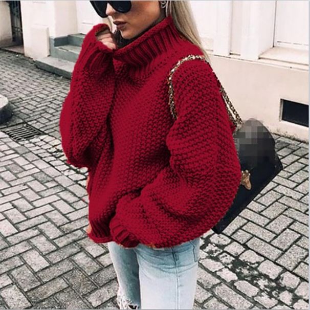 Grob gestrickter Pullover mit Rollsaum und hohem Kragen und Fledermausärmeln für Damen_voghion.com