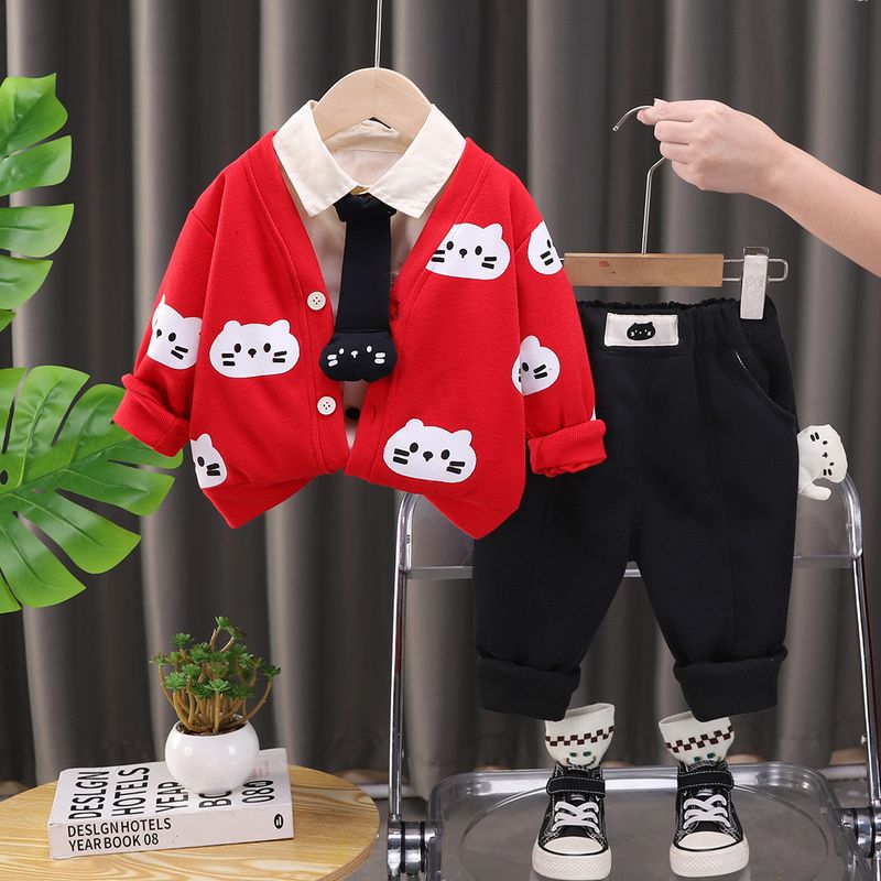 Boys' 2025 Spring New Long Sleeve Shirt, Leg Tight Pants, Cat Series, Stylish And Versatile 3-Piece Set_voghion.com