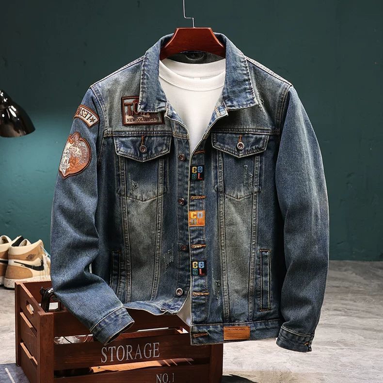 Veste en jean brodée de luxe pour homme, nouvelle veste à badge industriel rétro tendance, printemps 2025_voghion.com