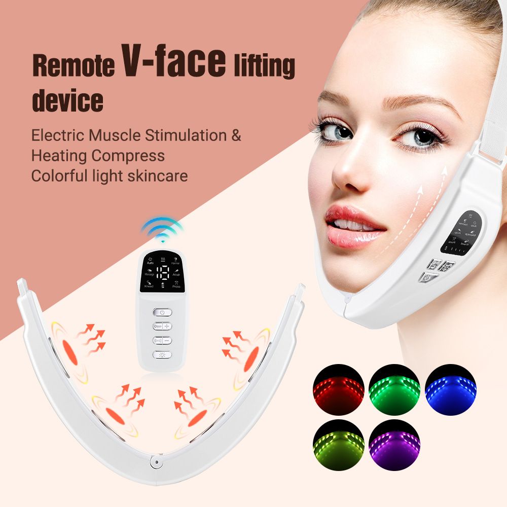 Nuevo Control remoto, Micro corriente, luz de Color, famosa vibración, estiramiento Facial, moldeador de barbilla, dispositivo de adelgazamiento facial en V_voghion.com