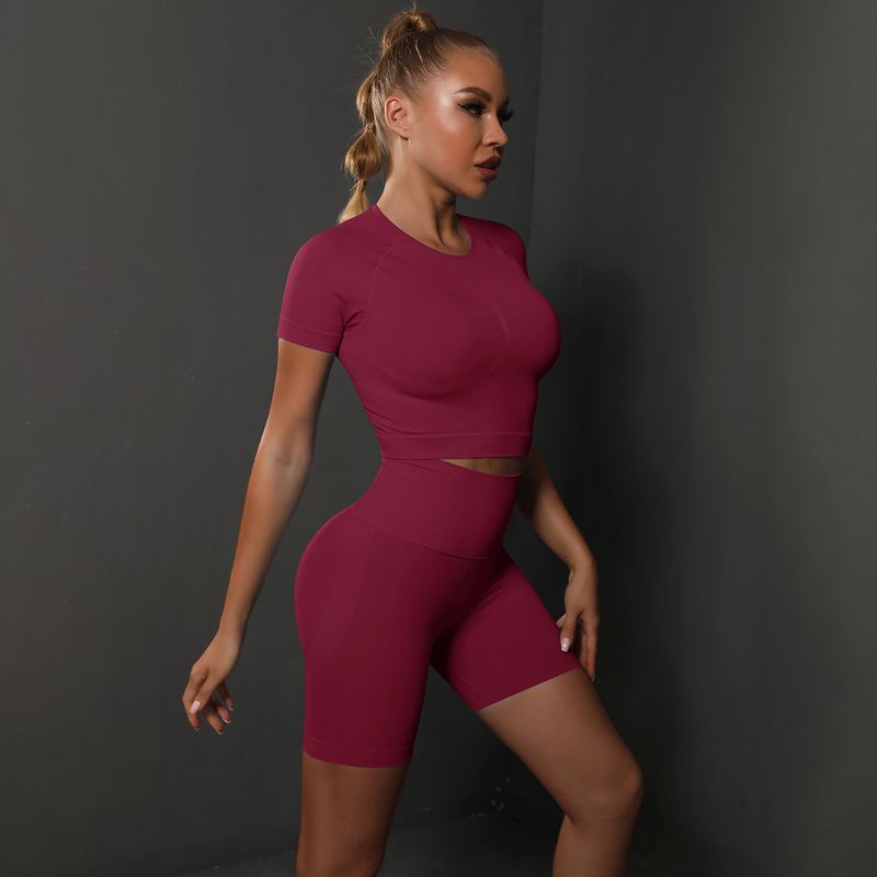 Seamless Peach Hip Solid Color High Elastic Yoga Short Sleeve Shorts Running, Sports, and Fitness Two Piece Set_voghion.com