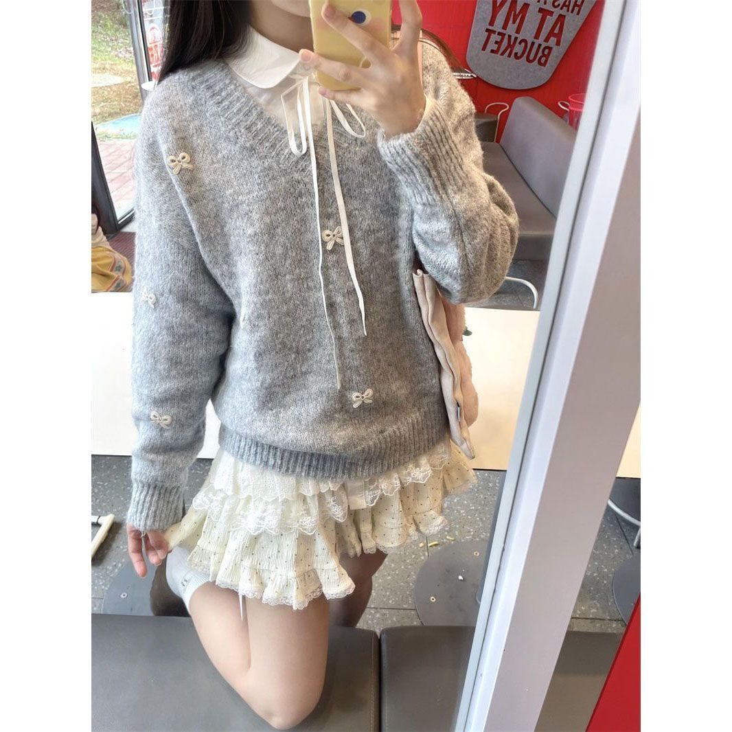 Armas liblikaga V-kaelusega pullover naistele sügis-talveks, pehme ja laia lõikega, laisa stiiliga topp kandmiseks_voghion.com