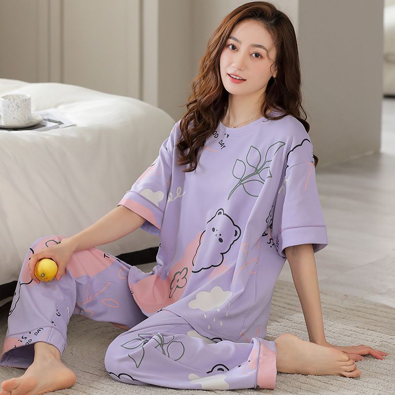 New Women's Pajamas Cotton Short sleeved Pants Student Casual Loose Cute Girl Home Clothes Spring and Summer_voghion.com