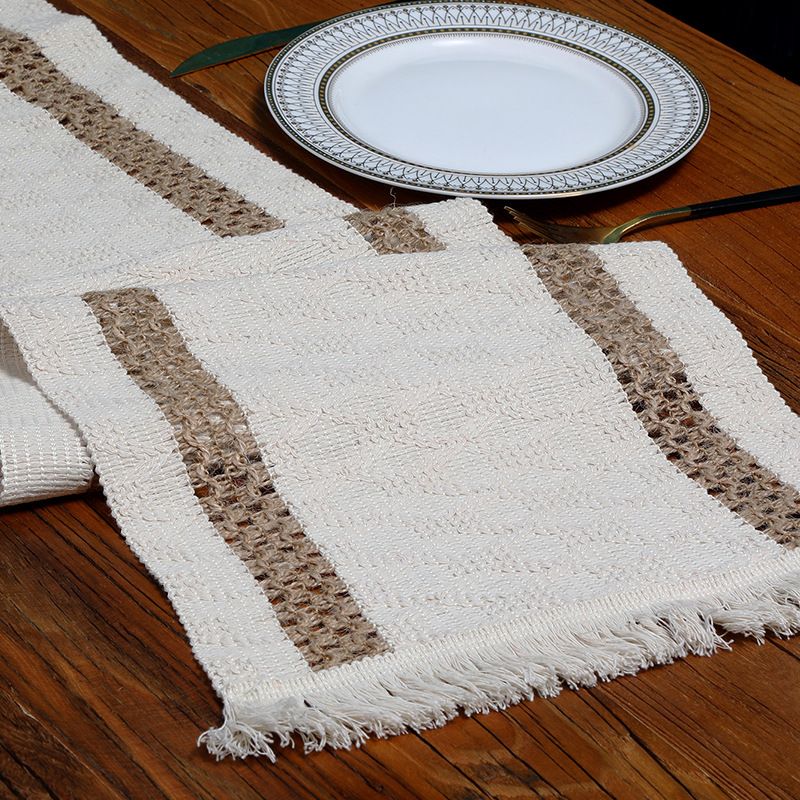 ​Two-Tone Woven Table Runner With Tassels - Natural Linen & Cotton Blend Rectangular Placemat For Holiday Decor Farmhouse Table Cover_voghion.com