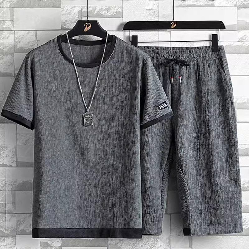 Casual sportpak voor heren, ijszijde, T-shirt met korte mouwen en shorts, een complete set, bijpassend mode-tweedelig pak voor heren_voghion.com
