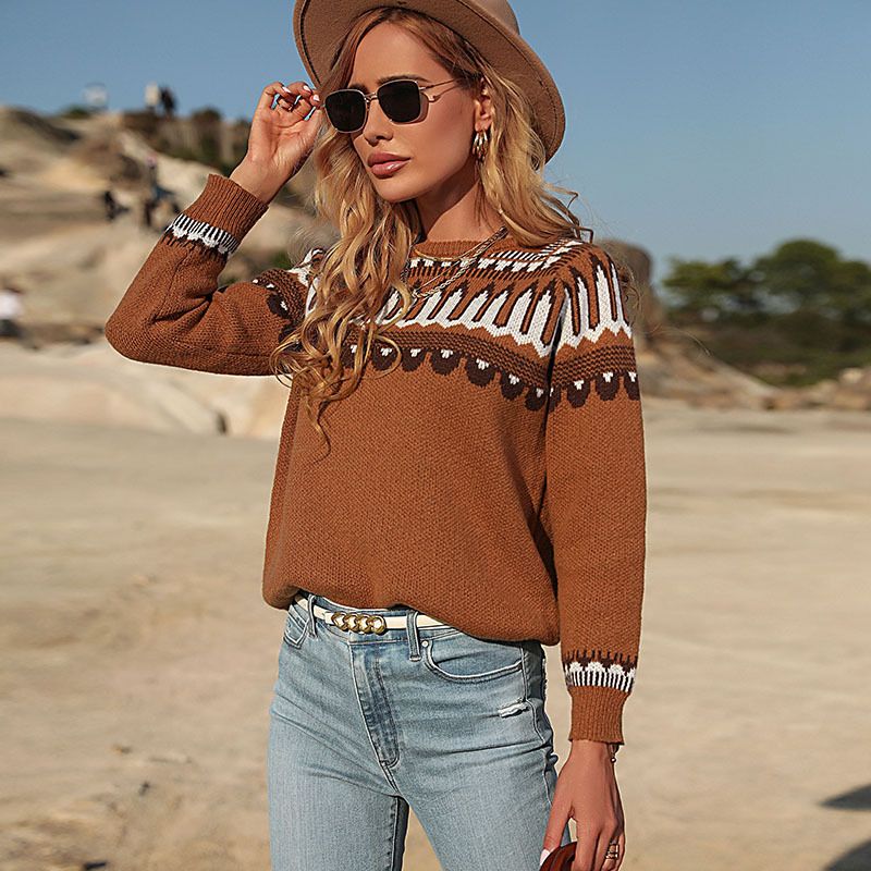 Damenbekleidung Damenmode lockerer brauner Langarmpullover Pullover_voghion.com