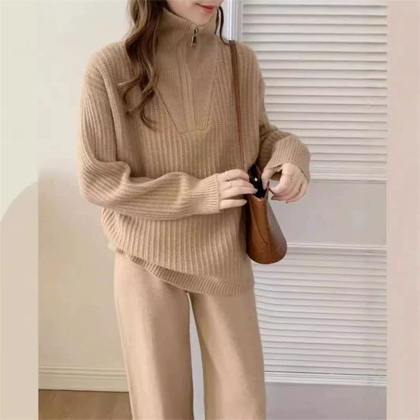Women's High-Neck Half-Zip Sweater Set – Ribbed Knit Two-Piece Outfit – Oversized Loungewear (One Size Fits S-L)_voghion.com