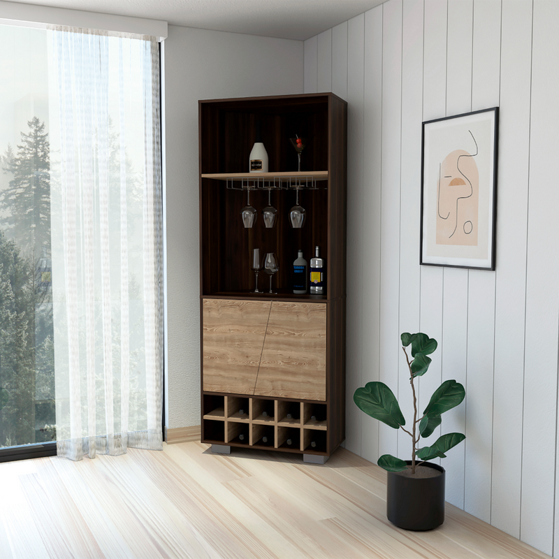 Corner Bar Cabinet Albarr, Ten Wine Cubbies, Two Shelves, Double Door - Dark Oak / Pine_voghion.com
