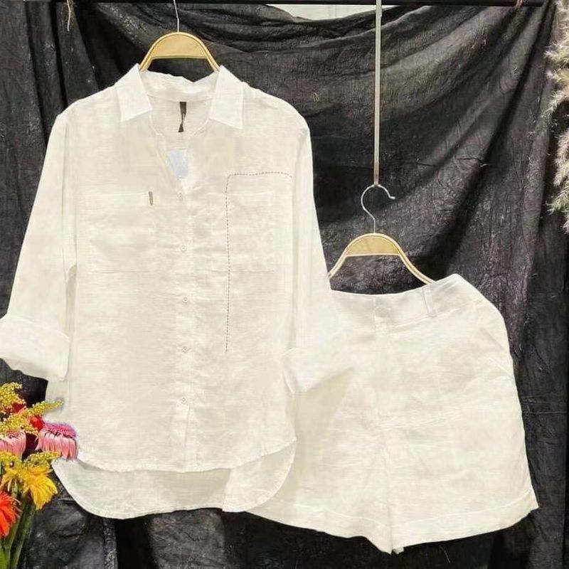 Women's Spring And Autumn Large Size Loose Temperament Leisure Style Age-reducing Fashion Cotton And Linen Solid Color Shirt Suit_voghion.com