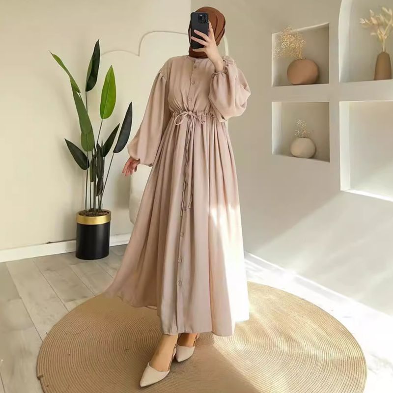 Dámské oblečení Hepburn Style Jednobarevná kulatá výstřihová dlouhá sukně s zavazováním v pase_voghion.com