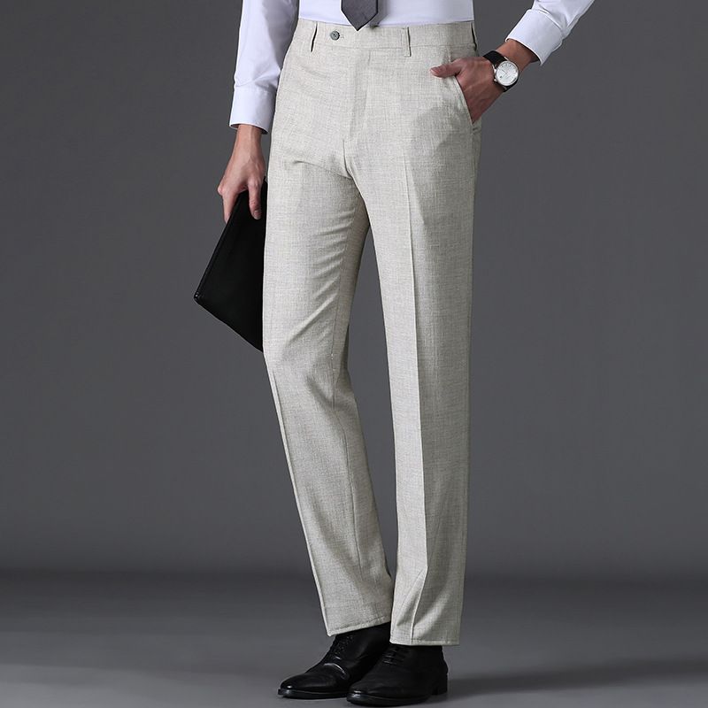 Herrenbekleidung Leichte Anzughose aus Leinen Atmungsaktive Business-Freizeithose mit Seidenmischung Faltenfreies Flatfront-Design, Straight Fit Wear_voghion.com