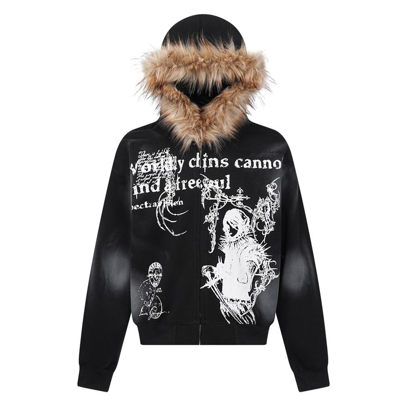 Sweat à capuche à col en fourrure pour homme Style Wasteland Cardigan délavé teint sale Sweat-shirt zippé_voghion.com