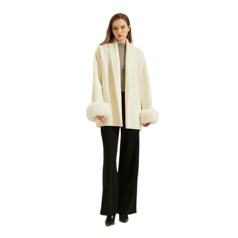 Women's Wool-Blend Double-Faced Coat - Short Length Scarf Collar Jacket With Belt, Alpaca Wool & Cashmere Touch, Elegant Office Wear_voghion.com
