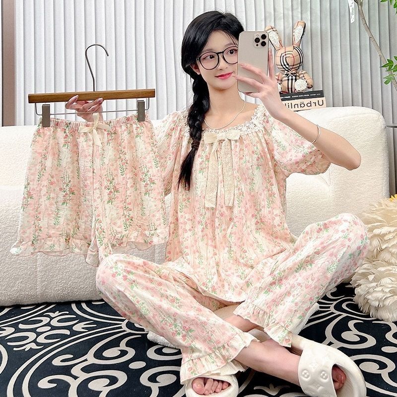 [Cloud Cotton Three Piece Set with Chest Mat] Summer New Ins Style Pajamas for Women, Loose Lace Bow_voghion.com