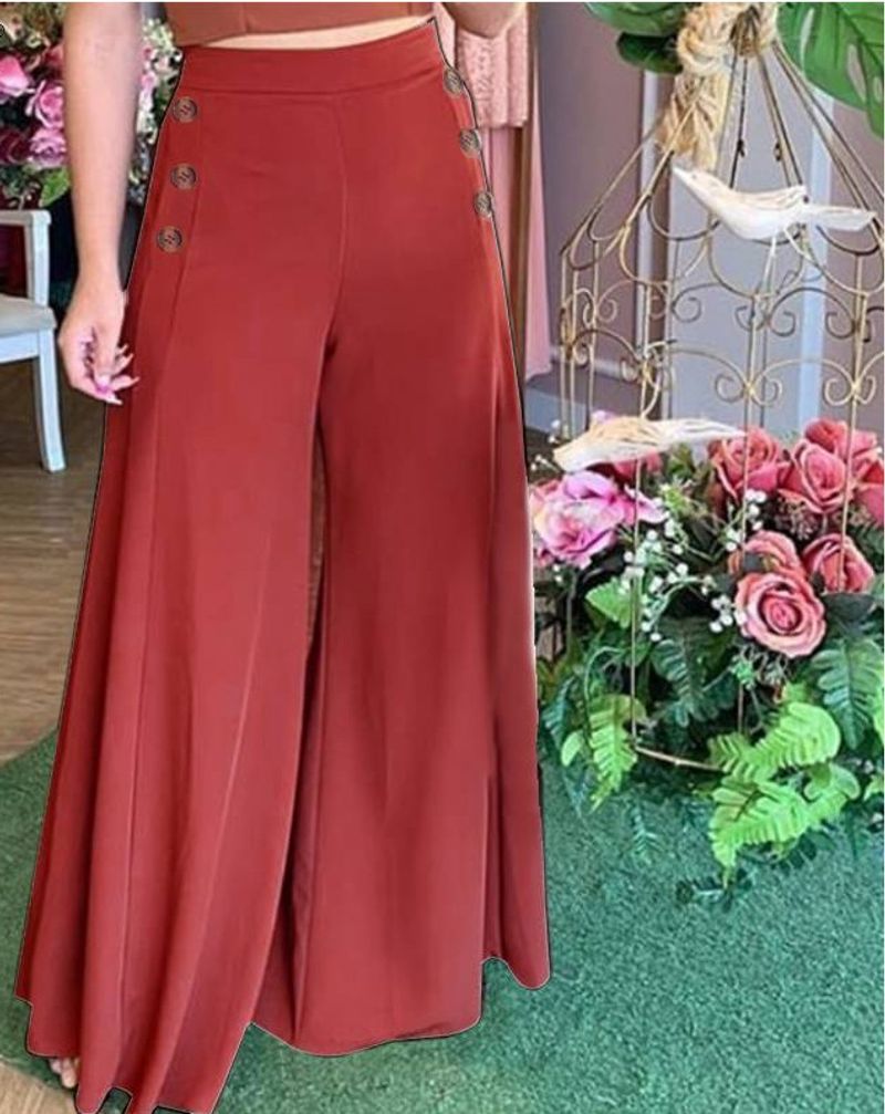 Women’s Clothing Fashion New Women's Button Elastic High Waist Wide Leg Pants_voghion.com