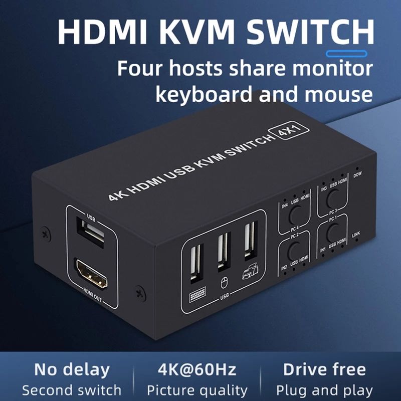4K HDMI KVM Switch 4 Port  USB KVM HDMI Switcher 4x1 4kX2K/60HZ HDCP 2.2 with Desktop controller for PC laptop windows&amp;macs_voghion.com