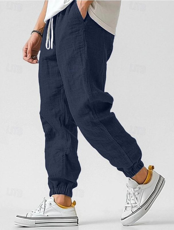 Calças casuais masculinas de linho misto - perna reta, caimento relaxado, respiráveis e leves para uso diário (P-XXXG, 7 cores)_voghion.com