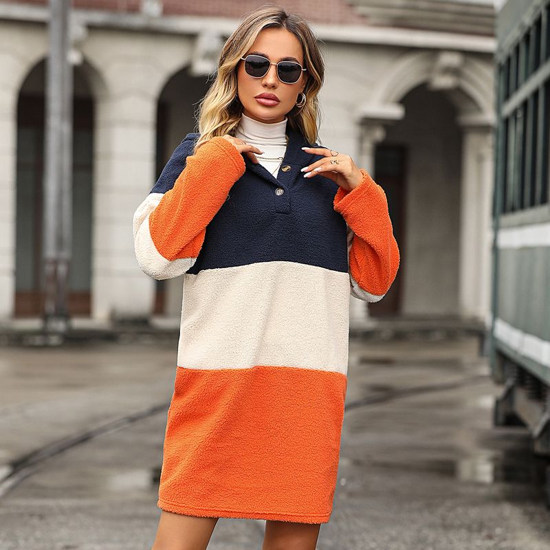 Autumn and winter women's new long-sleeved hooded contrasting color bubble velvet casual long sweatshirt dress_voghion.com