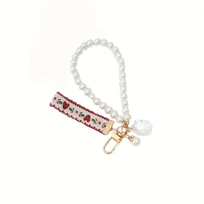 Porte-clés en chaîne de perles d'imitation rouge mignon pour femme, porte-clés en forme de cœur en dentelle de fraise, porte-clés de voiture en perles, pendentif pour sac à main_voghion.com
