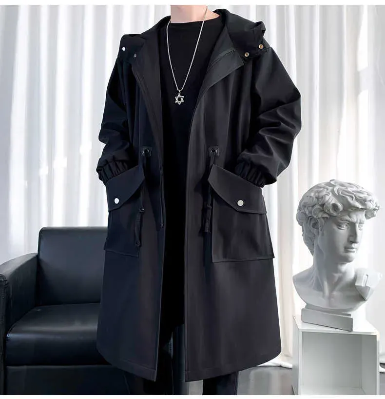 Men's Men'S Windbreaker Jacket Long Trench Oversize Loose Streetwear Hooded Vintage Black Coats High Street Casual Male_voghion.com