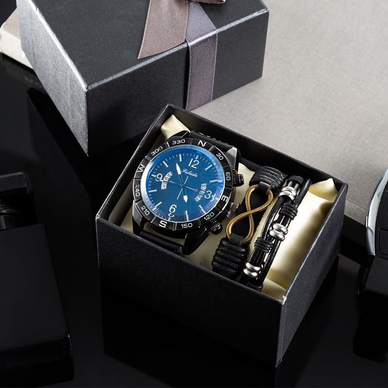 Hot Selling Business Casual Heren Quartz Horloge 3-delige Set Cadeaudoos Koeienhuid Armband Heren Kalender Horloge_voghion.com