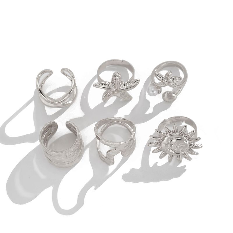 6-Piece Set Of Starfish Face Sun Ring Set, Trendy Hip-hop Fashion Personality Niche Design Ring_voghion.com
