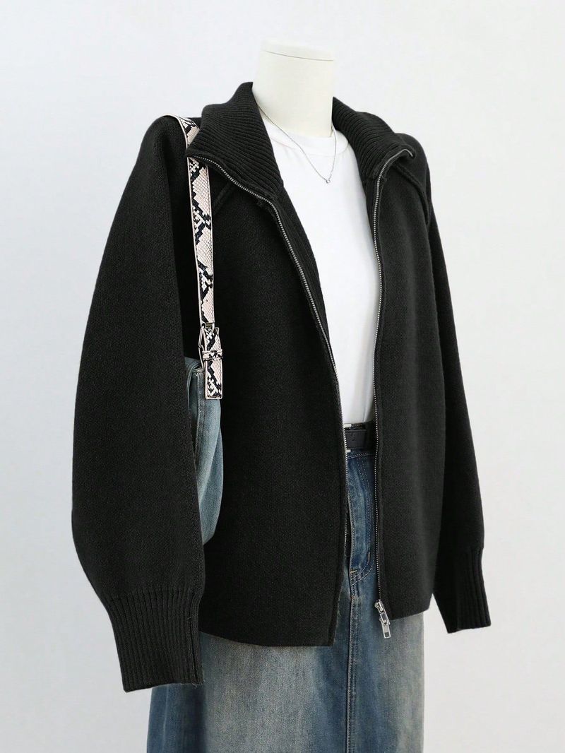 Women's Clothing Cozy Oversized Zip-Up Sweater Cardigan For Women - Soft Acrylic Fleece With Stand Collar & 3D Texture, Long Sleeve Flyaway Sleeve_voghion.com