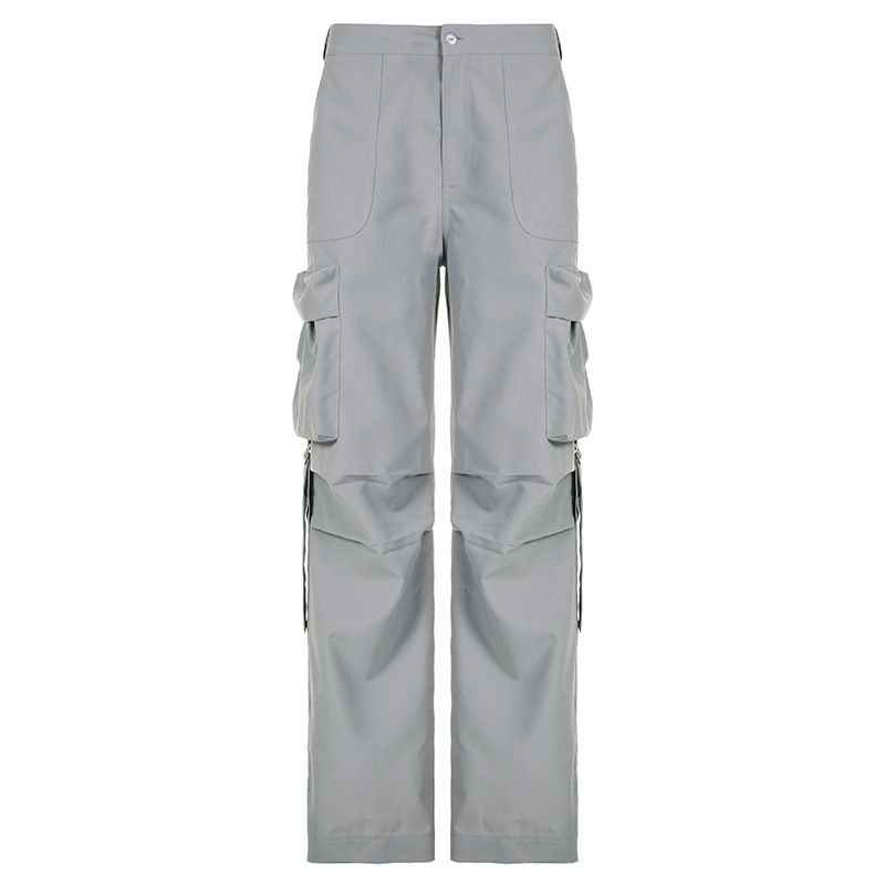 Women's Clothing street women's overalls with large pockets, spliced ​​ribbons, solid color, loose straight leg casual trousers_voghion.com