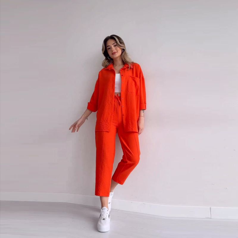 Zweiteiliges Set für Damen, locker, lässig, modisch, langärmeliges Hemd, Schnürung, Neun-Punkt-Hose_voghion.com